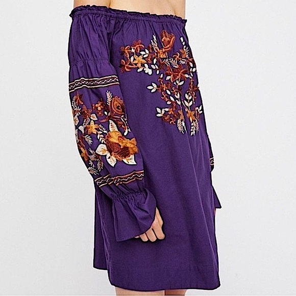 Free people Fleur Du Jour Embroidered Purple Mini Boho Cotton Dress XS - Picture 6 of 12